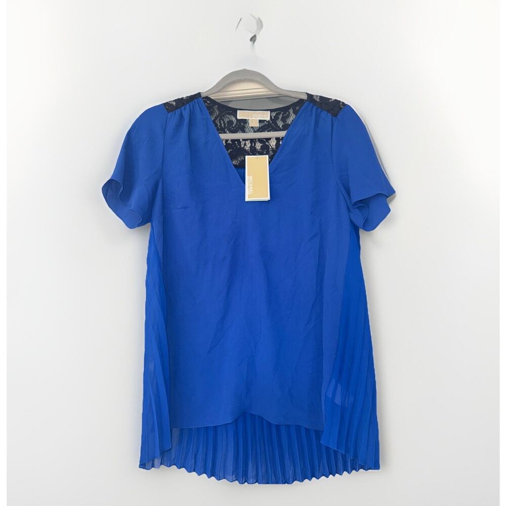 Michael Kors BLUE Blouse Pleated Chiffon back Flutter sleeve Size Small MSRP $98